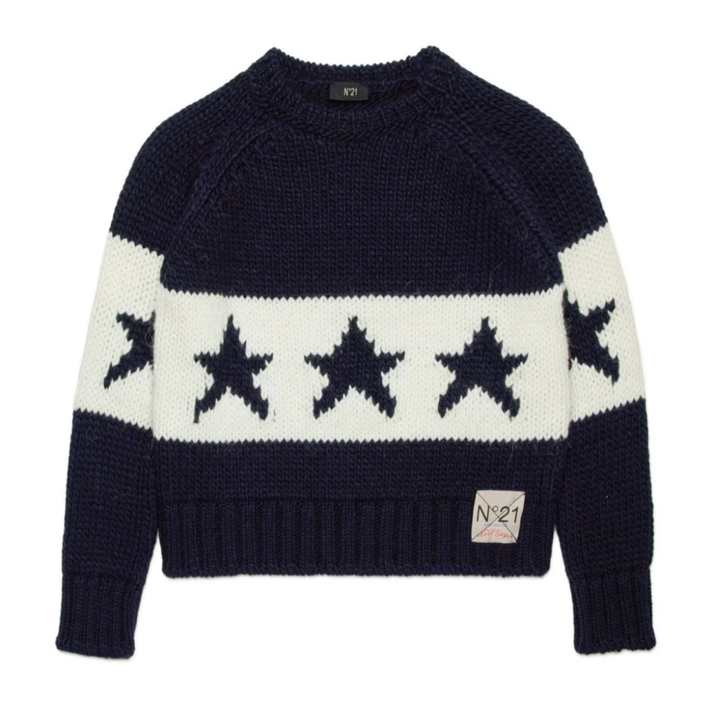 Blauer Strickpullover mit Logodetail